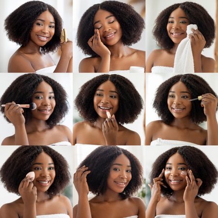 Pampering beauty routine collage with skin care and makeup steps at homeの写真素材