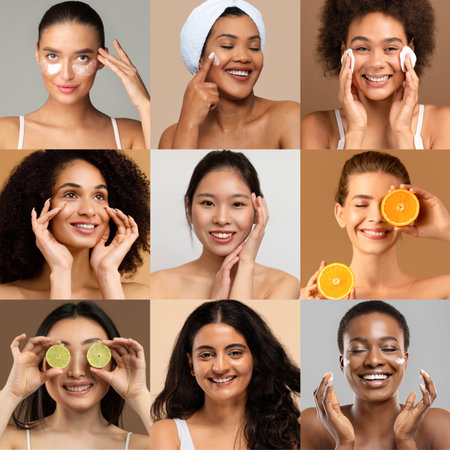 Diverse women enjoying home skin care and pampering routines in a cozy settingの写真素材