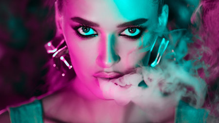 Smoking E-Cigarette. Woman in green and pink neon lights