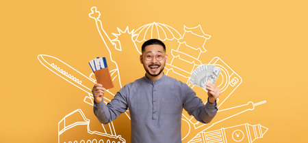 Excited traveler holding tickets and money in front of travel-themed background