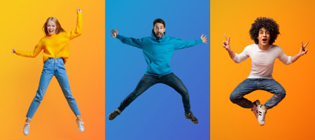 Diverse group of people jumping joyfully against colorful backgroundsの写真素材