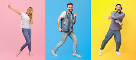 Three individuals express joy and energy in a vibrant collage