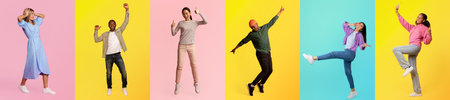 Diverse group joyfully posing in a vibrant celebration collage