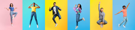 Diverse group of people joyfully jumping against colorful backgrounds