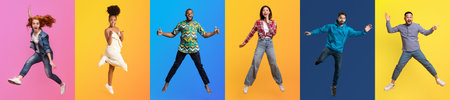 Group of diverse people joyfully jumping in vibrant backgrounds