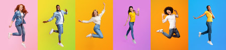 Joyful people jumping in a vibrant collage of diverse lifestyles and backgrounds