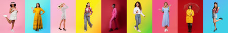 Diverse group of people showcasing vibrant styles against colorful backgrounds