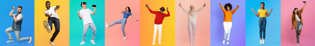 Diverse group of people celebrating with joyful poses against colorful backdrop