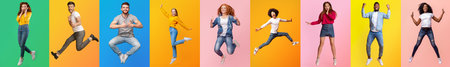 Joyful diverse people jumping in a vibrant collage backdropの写真素材