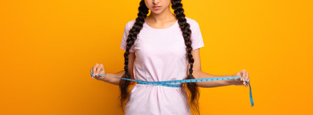 Sad Indian Woman Measuring Waist With Tape. Slimming Concept
