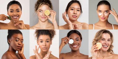 Collage of women enjoying beauty and skin care routines at home