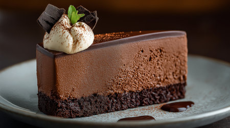 Enjoy a rich chocolate cake with whipped cream and shavings perfect for dessertの素材
