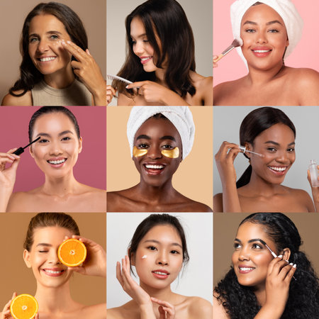 Women of all backgrounds pampering themselves with beauty at homeの写真素材