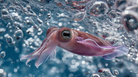 A squid propels itself gracefully through the ocean, surrounded by shimmering bubblesの素材
