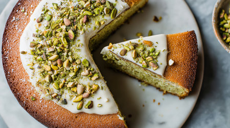 A freshly baked pistachio cake is presented on a round marble platter, garnished with nutsの素材