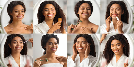 Collage of beauty routines featuring skin care and pampering at homeの写真素材