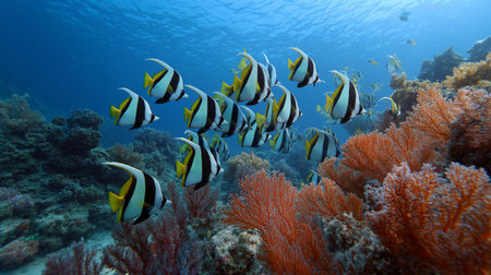Colorful fish glide through coral reefs, showcasing marine biodiversity in a tropical oceanの素材