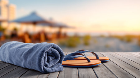 Relaxing vacation essentials on a beautiful beach during sunset Generative AIの素材