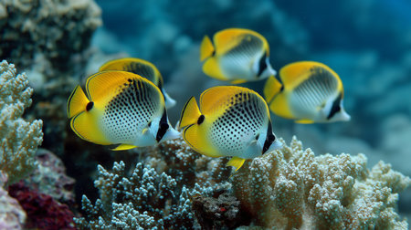 A school of yellow butterflyfish swims above a coral reef in a bright, clear oceanの素材