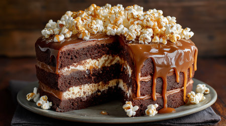Mouthwatering chocolate cake layered with cream and drizzled with caramel, garnished with popcornの素材