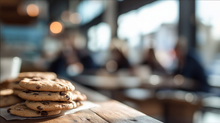 Delicious cookies are stacked on a wooden table while patrons chat and unwind in the backgroundの素材
