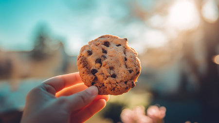 A hand holds a chocolate chip cookie, basking in the golden light of a sunny afternoonの素材