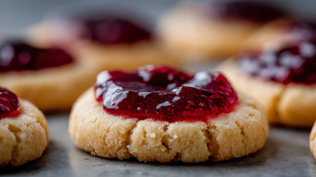 Soft, crumbly cookies are adorned with a glossy layer of bright fruit jam, inviting indulgenceの素材