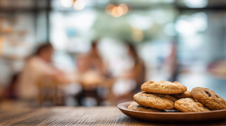 Warm cookies sit on a wooden plate while friends chat and laugh in a cozy cafe atmosphereの素材
