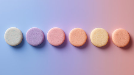 Vivid round sponges in soft pastel colors are lined up on a smooth gradient backgroundの素材