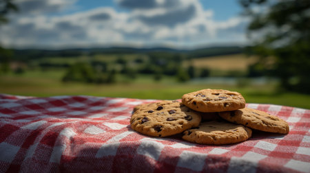 Freshly baked cookies sit on a checkered cloth with a beautiful landscape behind themの素材