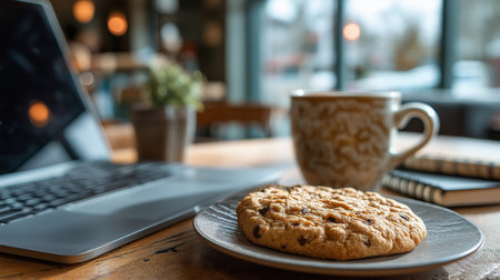 A large chocolate chip cookie sits on a plate next to a steaming cup of coffee at a cafeの素材