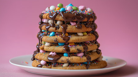 A tall stack of cookies drizzled with chocolate and topped with colorful candy and sprinklesの素材
