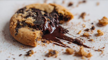Delicious chocolate chip cookie with gooey chocolate melting in the center, captured up closeの素材