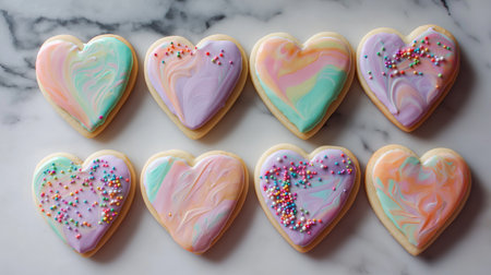Pastel-iced heart-shaped cookies are beautifully arranged, boosting their appealの素材