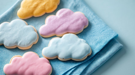 Colorful cloud-shaped cookies are arranged on a blue napkin, making a delightful treatの素材
