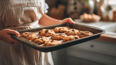 A person holding a tray of warm, freshly baked cookies in a cozy kitchen environmentの素材