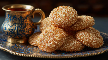 A plate holds a stack of golden sesame cookies next to an ornate cup of teaの素材