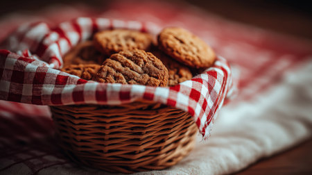 A basket filled with warm cookies sits on a checkered cloth in a welcoming kitchen environmentの素材