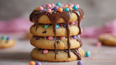 Four stacked cookies topped with melted chocolate and colorful candy sprinklesの素材