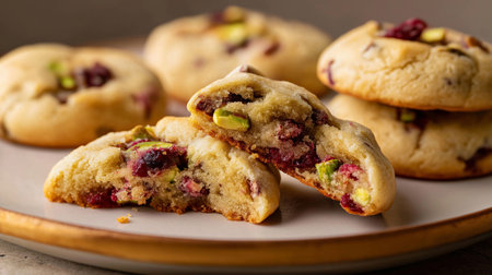 Delicious cookies made with cranberries and pistachios sit temptingly on a wooden plateの素材