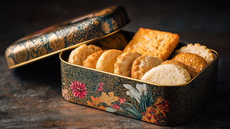 A decorative tin of cookies against a dark backdrop invites enjoymentの素材