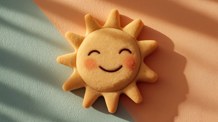 Delightful sun-shaped cookie rests on a pastel background, inviting smiles with its cheerful designの素材