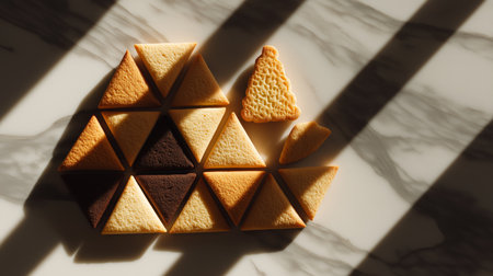 Triangle-shaped cookies are creatively arranged on a marble surface, casting distinct shadowsの素材