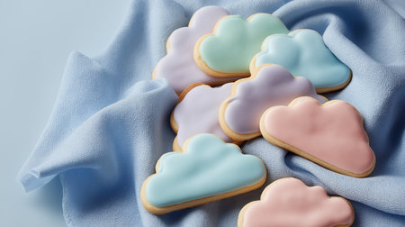 Colorful cloud-shaped cookies are arranged on soft fabric, showcasing vibrant pastel colorsの素材