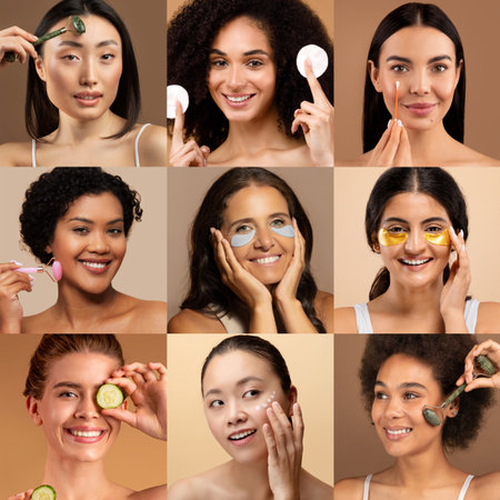 Beauty treatment collage showcasing diverse women enjoying skin care at homeの写真素材