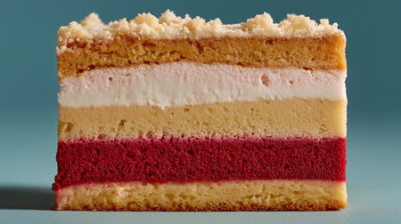 A stunning layered cake in pink, yellow, and red is topped with crumbs for a beautiful designの素材