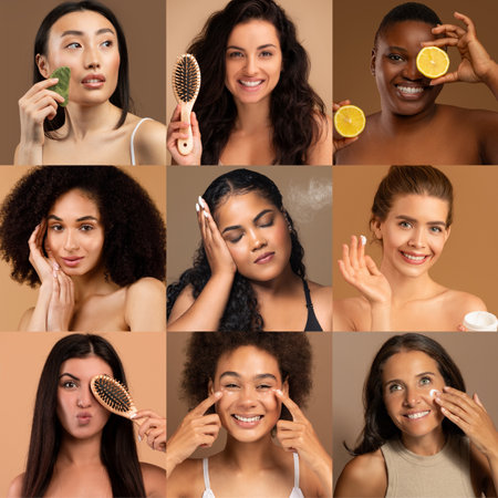 Beauty and self-care collage showcasing diverse skincare routines at homeの写真素材