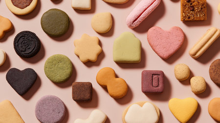 Colorful cookies in various shapes are arranged on a soft pink surface, showcasing creativityの素材