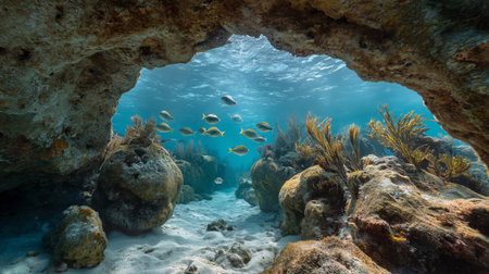 Underwater view reveals a rich coral reef alive with diverse fish and sea plants in a tranquil caveの素材