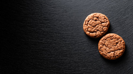 Two chocolate cookies resting on a dark slate surface invite a delightful taste experienceの素材